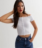 New Look White Ribbed Jersey Bardot Frill Button Front Crop Top